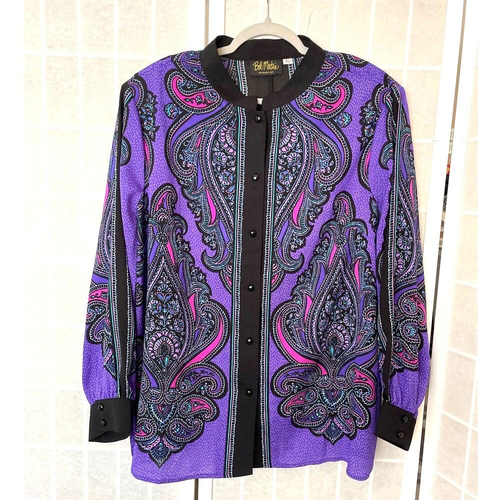Bob Mackie Wearable Art Paisley Blouse 2X Purple Mandarin Collar Retro Bold Boho